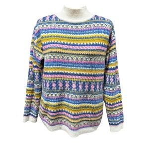 Talbots Fair Isle Mock Neck Sweater Medium Pink Ivory Multicolor Soft Cozy